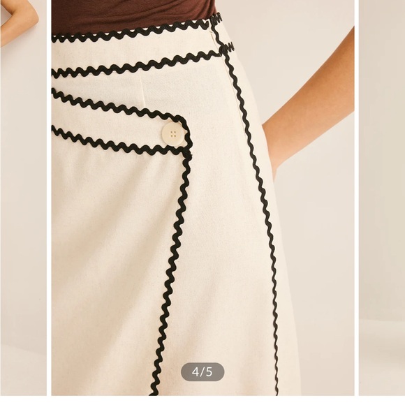 NWT Commense cotton & linen wave trim midi wrap skirt asymmetrical tan black - Picture 3 of 9